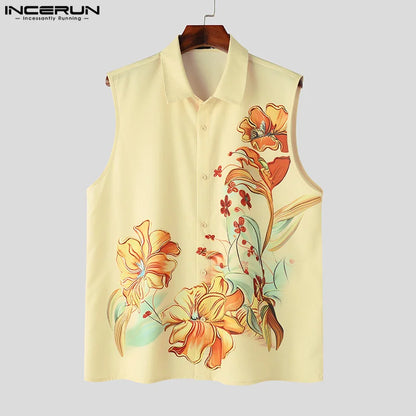 INCERUN Tops 2024 Korean Style Fashion Men's Floral Printed Design Shirts Casual Personality Male Sleeveless Lapel Blouse S-5XL