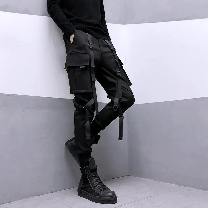 Pantalon cargo noir HOUZHOU Techwear pour homme Pantalon cargo pour homme Style japonais Streetwear Hip Hop Printemps Poche à ruban Mode Harajuku