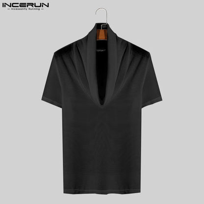 Fashion Well Fitting Tops INCERUN New Men's Pile Neck Hollow Perspective T-shirts Casual Sexy Thin Short Sleeved Camiseta S-5XL