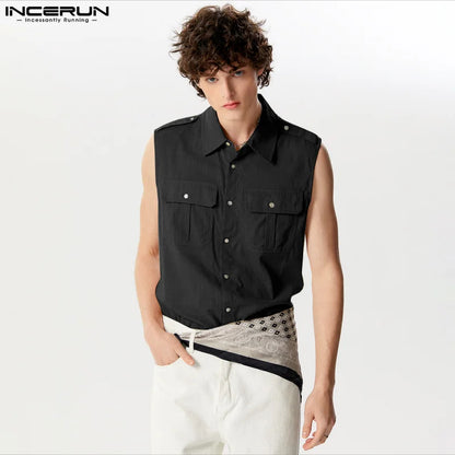 Hübsche Neue Herren Tops INCERUN 2024 Doppel Tasche Design Lose Shirts Casual Streetwear Männlichen Heißer Verkauf Ärmellose Feste Bluse S-5XL