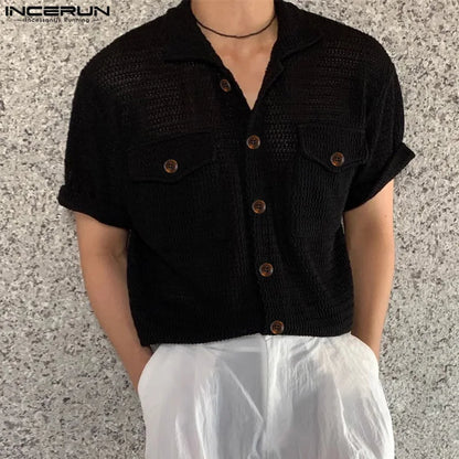 Stylish Streetwear Style Tops INCERUN Men's Mesh Hollow Double Pocket Design Shirts Casual Solid Short Sleeved Blouse S-5XL 2024