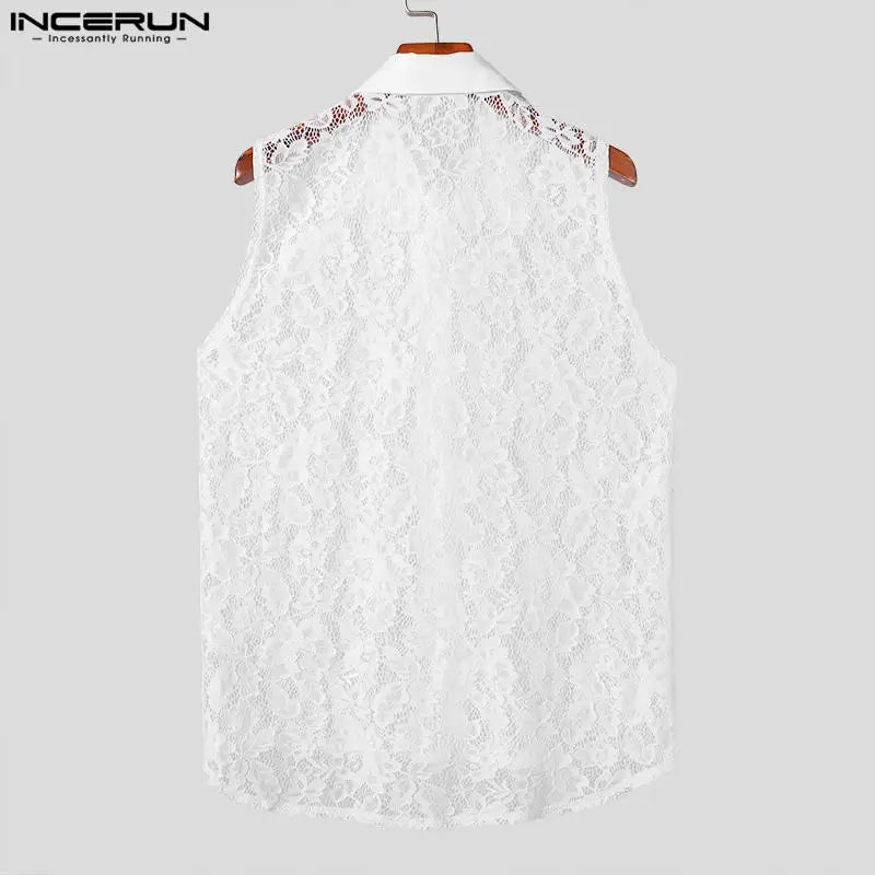 INCERUN Tops 2024 Style coréen Mode Hommes Perspective Dentelle Conception Florale Chemise Sexy Été Mince Sans Manches Revers Chemisier S-5XL