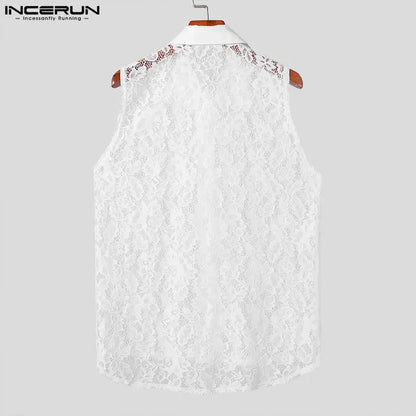 INCERUN Tops 2024 Koreanischen Stil Mode Männer Perspektive Spitze Floral Design Shirt Sexy Sommer Dünne Ärmellose Revers Bluse S-5XL