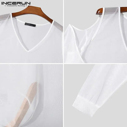 INCERUN Tops 2024 Style coréen Nouveaux hommes personnalité creux col en V T-shirts mode Sexy Perspective à manches longues Camiseta S-5XL