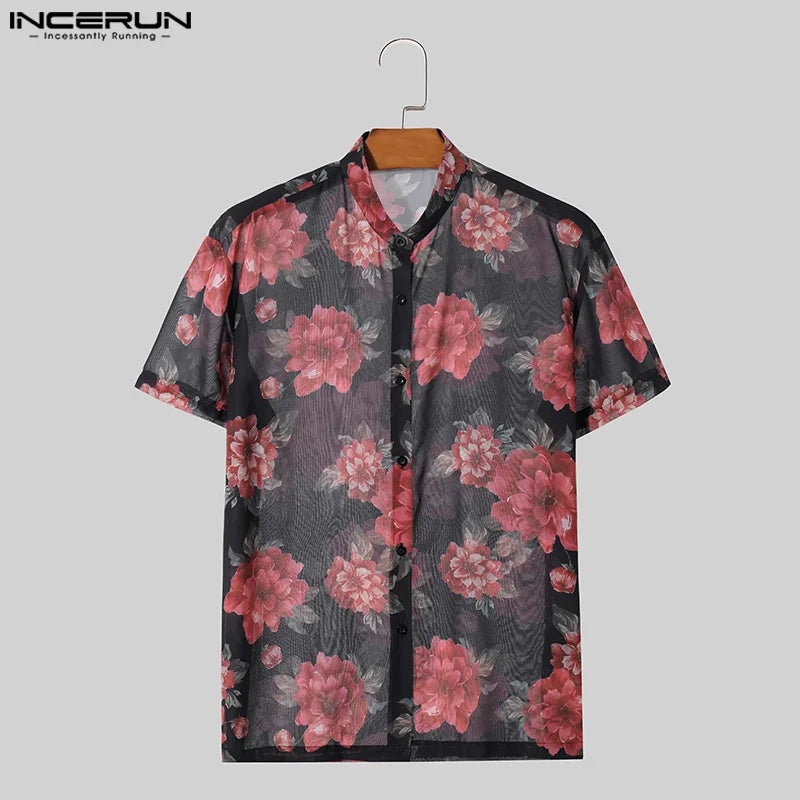 INCERUN Tops 2024 American Style Fashion Mens Rose Pattern Printed Shirts Sexy Casual Streetwear Thin Short Sleeved Blouse S-5XL