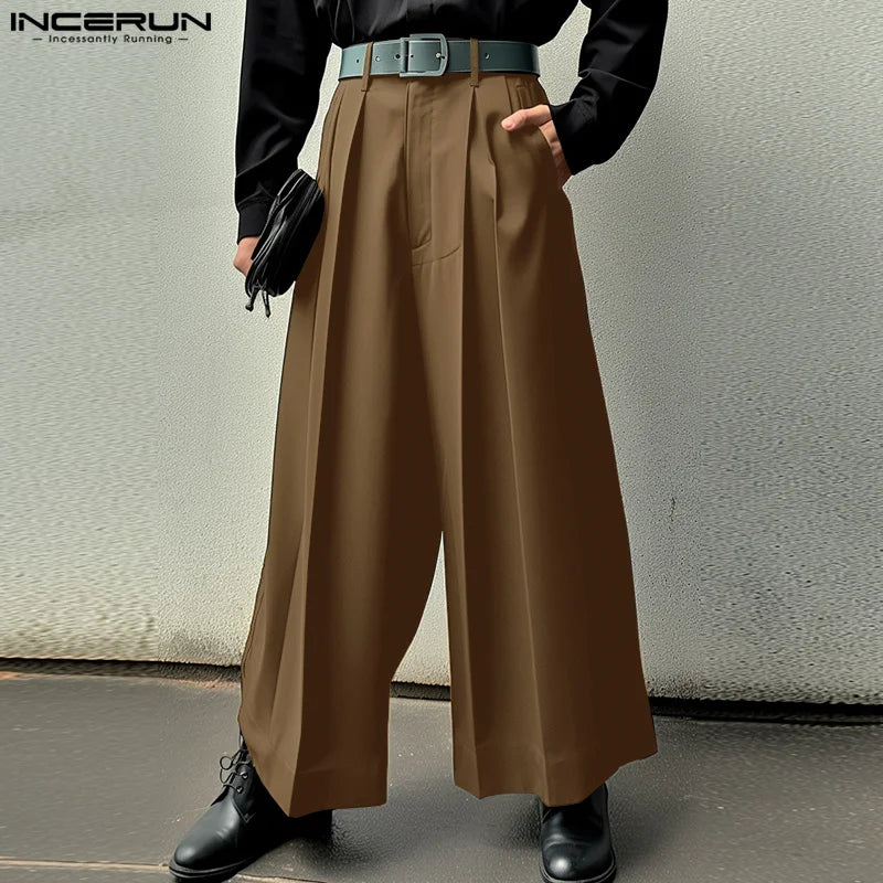 INCERUN 2024 Korean Style New Men Trousers Solid High Waisted Straight Leg Pantalons Casual Well Fitting Male Simple Pants S-5XL