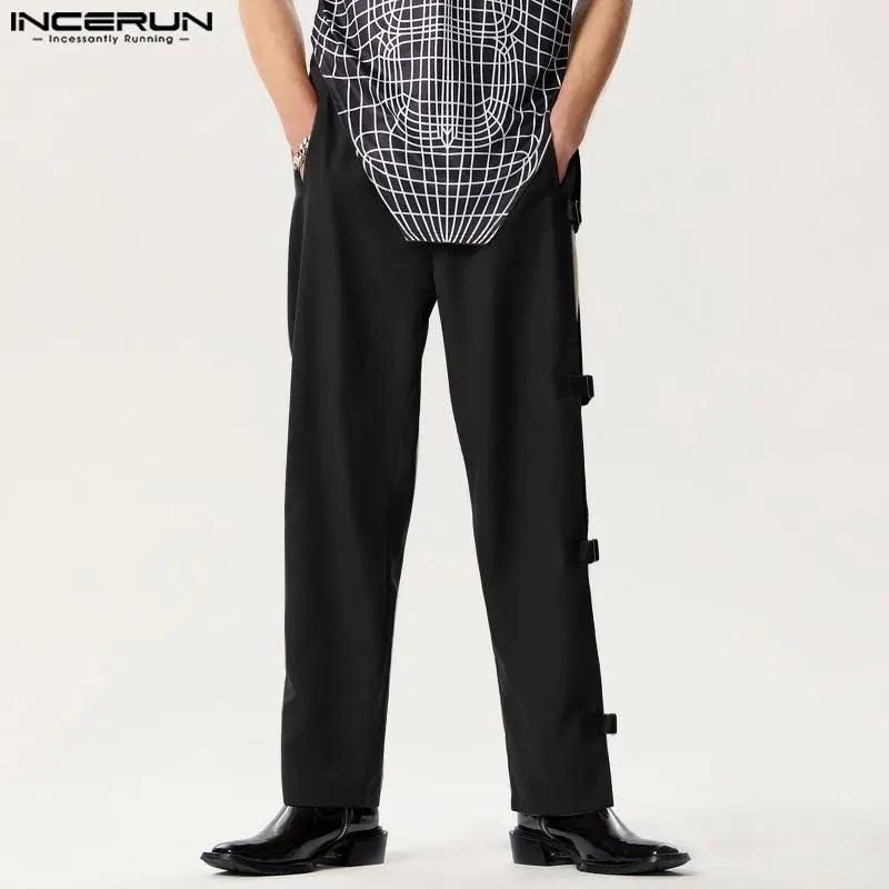 INCERUN 2024 American Style Men's Pantalons Casual Side Buckle Design Hollow Pants Leisure Streetwear Hot Selling Trousers S-5XL