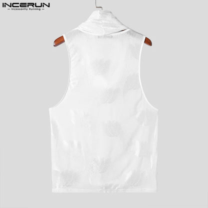 INCERUN Tops 2024 Korean Style Sexy Mens Lace U-neck Design Vests Summer Fashion Male Streetwear Thin Sleeveless Tank Tops S-3XL