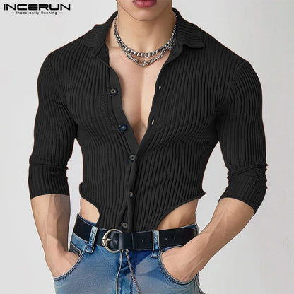 Fashion Casual Style Tops INCERUN New Men's Knitted Striped Irregular Hem Shirts Male Sexy Solid Color Long Sleeved Blouse S-5XL