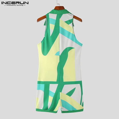 Fashion Casual Style Men's Jumpsuit Shorts INCERUN Streetwear Hot Selling Colorful Printed Lapel Sleeveless Rompers Shorts S-5XL