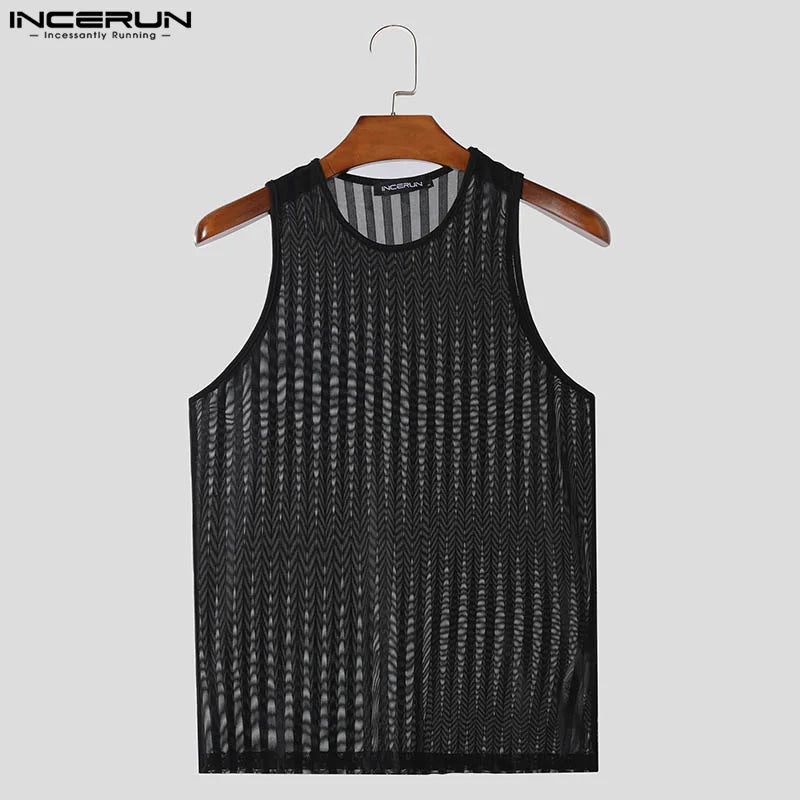 INCERUN Tops 2024 Koreanische Stil Herren Sexy Sehen-durch Gestreiften Westen Sommer Casual Heißer Verkauf Dünne Ärmellose O-ansatz Tank tops S-5XL