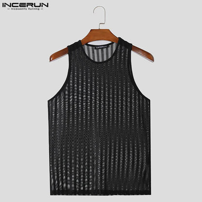 INCERUN Tops 2024 Korean Style Mens Sexy See-through Striped Vests Summer Casual Hot Sale Thin Sleeveless O-neck Tank Tops S-5XL