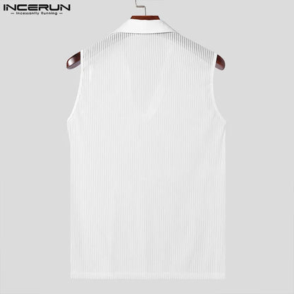 Männer Tank Tops Revers Ärmelloses Gestreiftes Mesh Transparent 2024 Männliche Westen Streetwear Sommer Mode Casual Männer Kleidung INCERUN