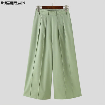 INCERUN 2024 American Style Trousers New Men's Wide Leg Pleated Design Long Pants Casual Streetwear Solid Color Pantalons S-5XL