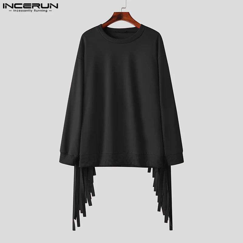 INCERUN Tops 2024 Korean Style New Men's Red Tassel O-neck Design Camiseta Stylish Hot Selling Male Long Sleeved T-shirts S-5XL