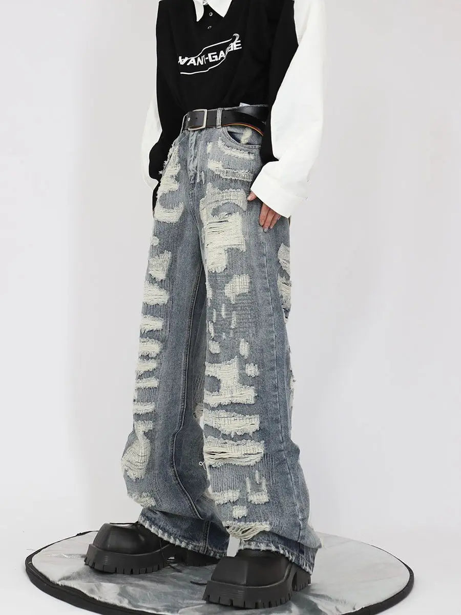 HOUZHOU Hip Hop Zerrissene Jeans Männer High Street Männlichen Distressed Denim Breite Bein Hosen Casual Hosen Vintage