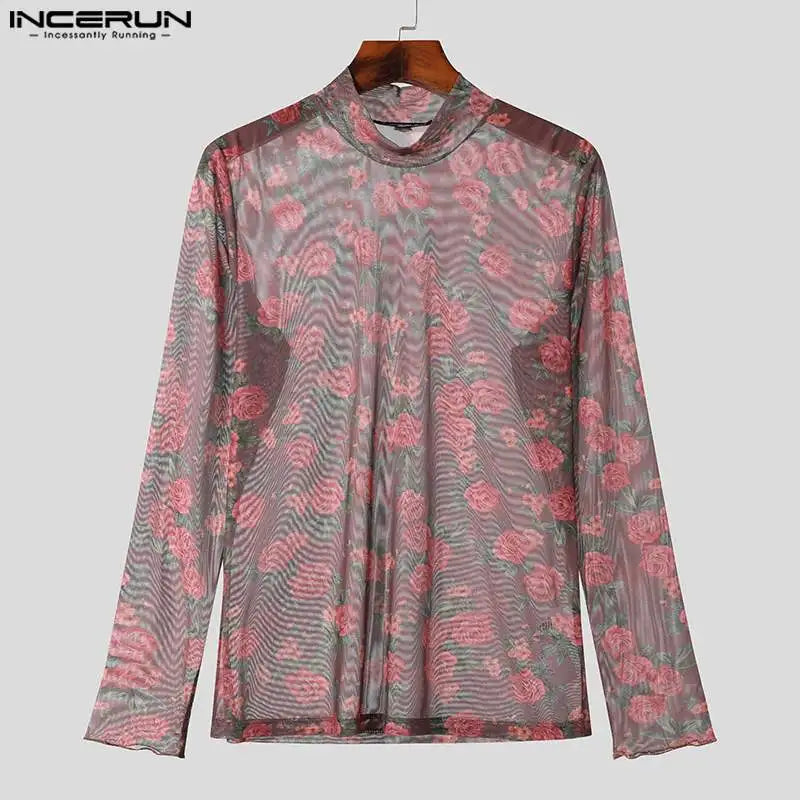 INCERUN Tops 2023 American Style Mens Printed Half High Collar See-through Mesh T-shirts Casual Thin Long Sleeved Camiseta S-5XL