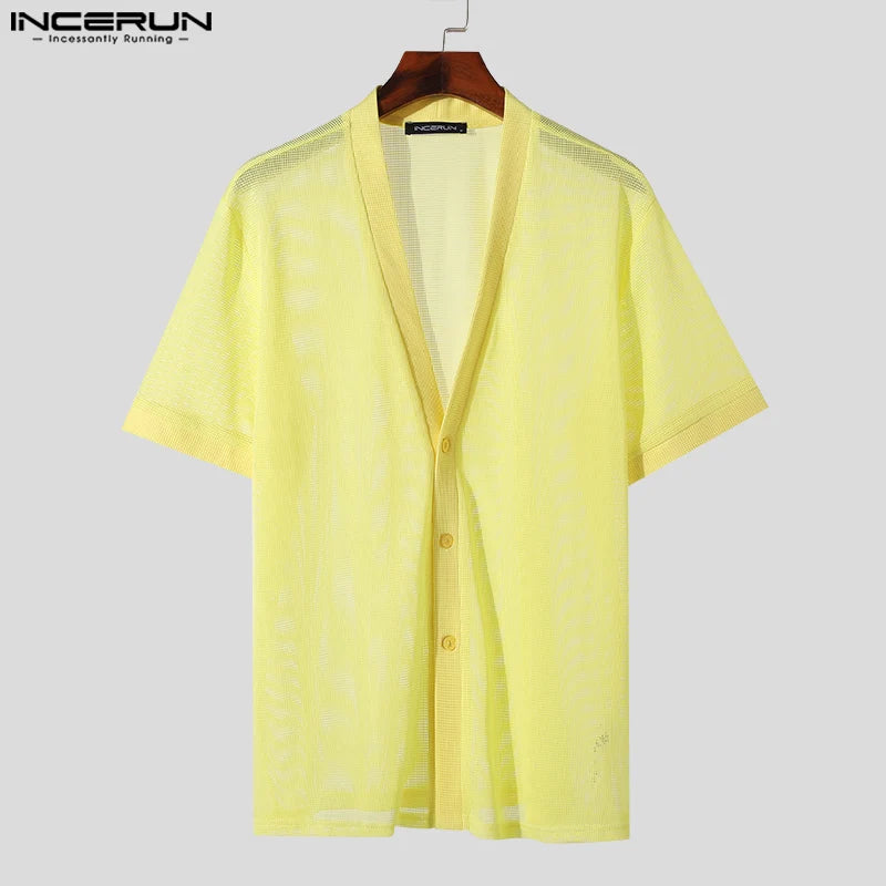 INCERUN Tops 2024 Korean Style Fashion Men's Sexy V-neck Hollowed Out Shirts Streetwear Male Short Sleeved Cardigan Blouse S-5XL