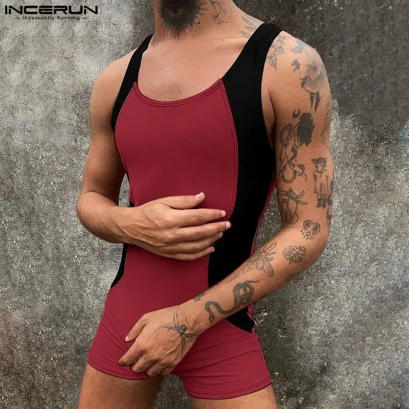 INCERUN 2024 Sexy Style New Men's Homewear Jumpsuits Stylish Contrast Color Rompers Male Personality Sleeveless Bodysuits S-5XL