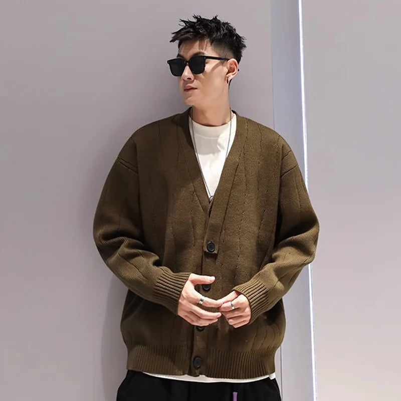 HOUZHOU Knit Cardigan Male Korean Style Sweater Coat Men Old Money Autumn Winter Loose Casual Men's Long Sleeve Streetwear