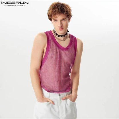 Sexy stylische Tops INCERUN 2024 Herren Glitzerstoff Durchsichtiges Mesh Hohl Westen Freizeit Clubwear Heißer Verkauf Dünne Tank Tops S-5XL