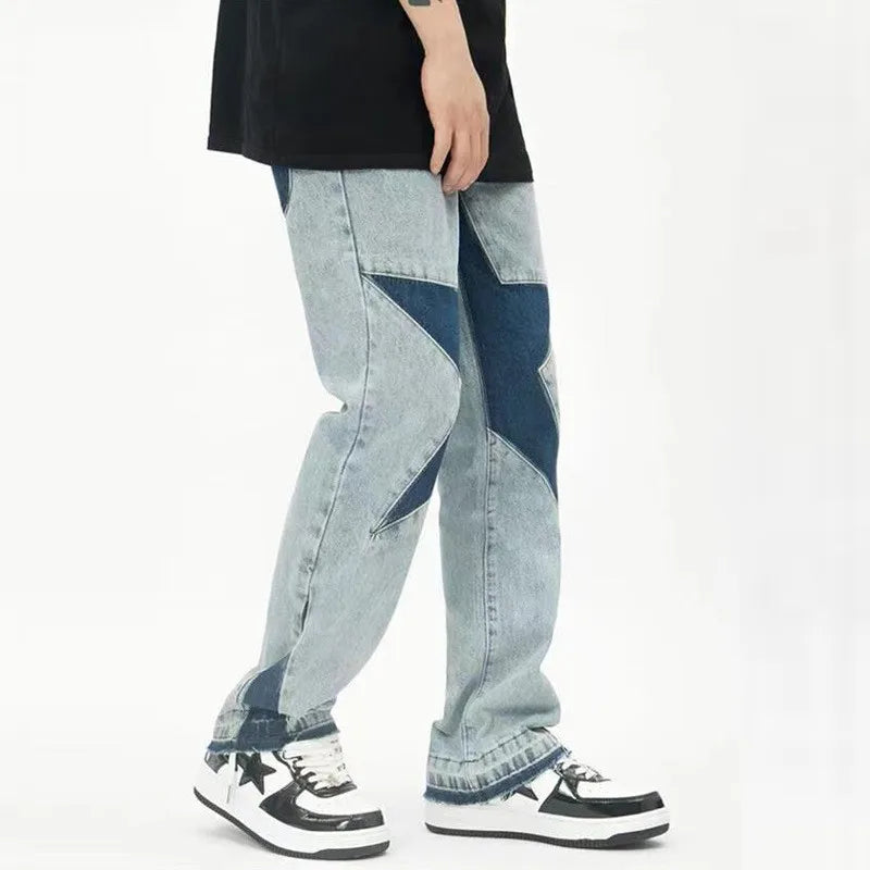 HOUZHOU Y2K Star Jeans Men Patchwork Denim Trousers Male Loose Casual Pants Korean Japanese Streetwear Hip Hop men clothing