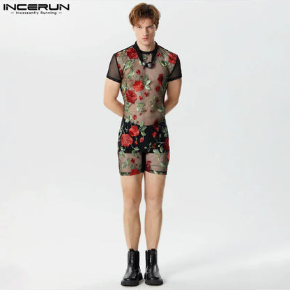 INCERUN 2024 American Style Sexy New Men Homewear Jumpsuits Perspective Thin O-Neck Flower Printing Short Sleeve Bodysuits S-3XL