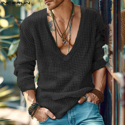 INCERUN 2024 Summer Tops Tee Fashion Long Sleeve Solid V Neck Men T-Shirts Streetwear Men Clothing Oversized S-5XL Chemise