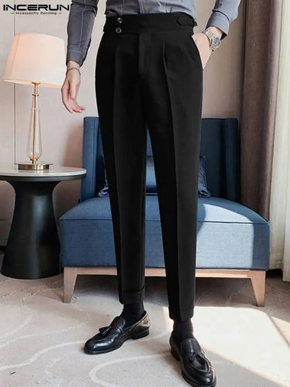 INCERUN 2023 Korean Style Men's Pants High Waist Business Pantalons Casual Streetwear Male Solid All-match Skinny Trousers S-5XL