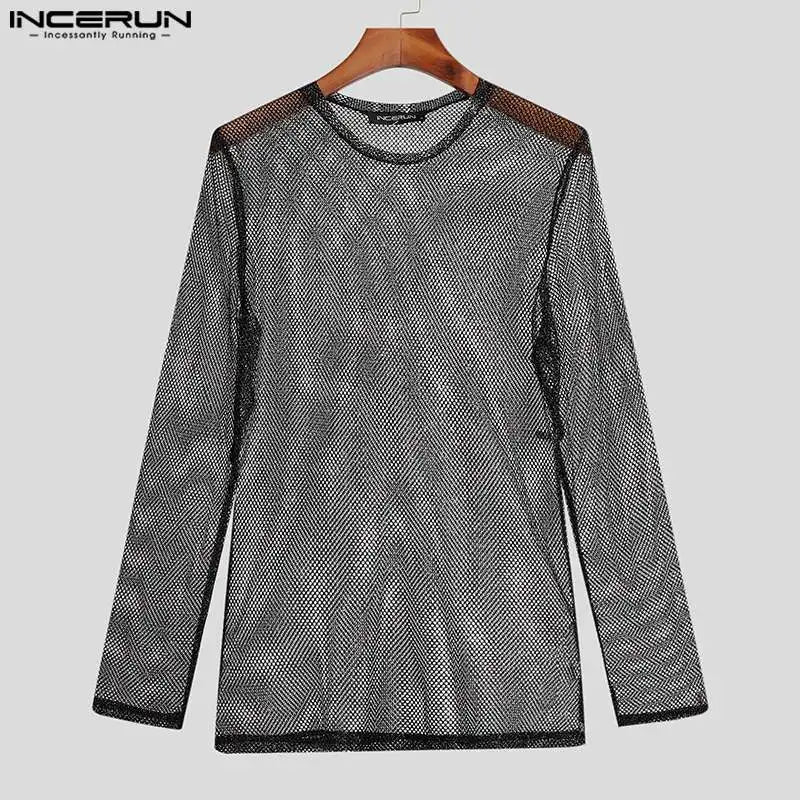 Party Nightclub Style Tops INCERUN New Men Glitter Mesh See-through Camiseta Sexy Male All-match Long Sleeve Thin T-shirts S-5XL