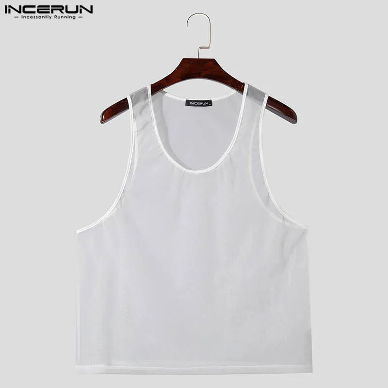 INCERUN Tops 2024 Koreanische Stil Neue Männer der Dichte Mesh Perspektive U-neck Tank Tops Sommer Casual Männlichen Dünne Ärmellose Westen S-5XL