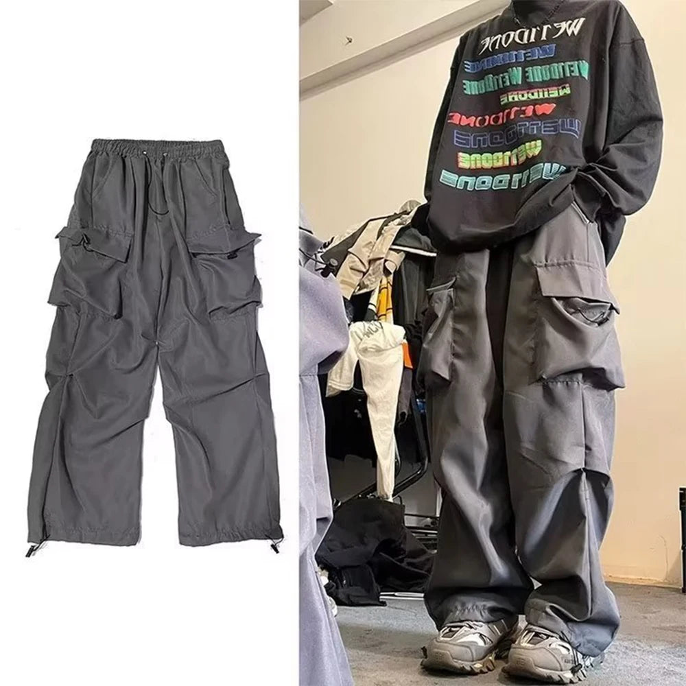 HOUZHOU Schwarze Cargohose für Herren, Hip Hop, graue Cargohose für Herren, rot, Frühling, Baumwolle, lockere Freizeithose, Streetwear, Hip Hop, Tasche