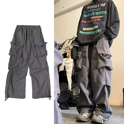 HOUZHOU Black Cargo Pants for Men Hip Hop Gray Cargo Trousers Male Red Spring Cotton Loose Casual Streetwear Hip Hop Pocket