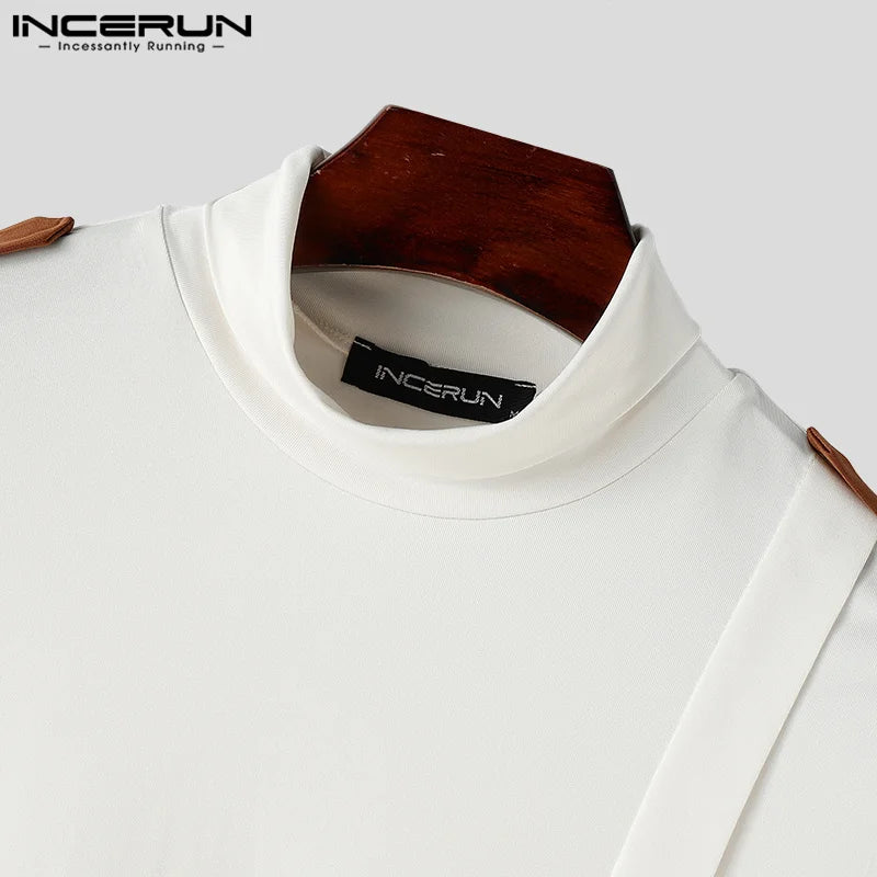 INCERUN Tops 2024 Stylish Men's Shirts High Neck Long Sleeve Thin Spring Autumn Streetwear Contrast Color Pullover Blouse S-5XL