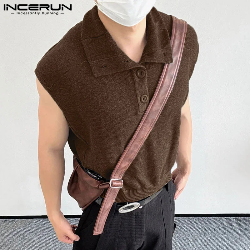 Summer Fashion Style Tops INCERUN 2024 New Mens Texture Lapel Vests Casual Streetwear Male Solid All-match Lapel Tank Tops S-5XL