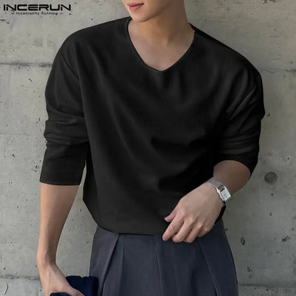 INCERUN Tops 2024 Korean Style Fashion Men's Loose V-neck Knitted T-shirts Summer Casual Streetwear Long Sleeved Camiseta S-5XL