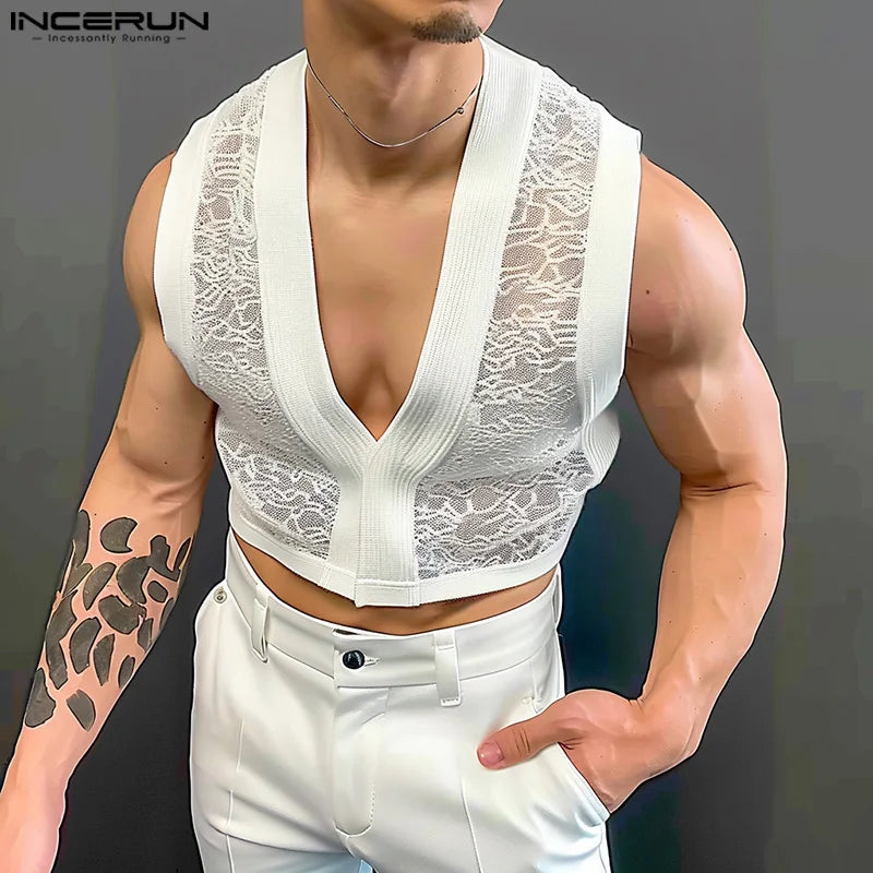 INCERUN Tops 2024 Style américain Hommes Été Mode Court Dentelle Maille Patchwork Gilets Sexy Mâle Mince Sans Manches Débardeurs S-5XL