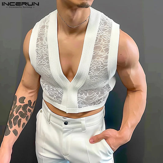 INCERUN Tops 2024 Style américain Hommes Été Mode Court Dentelle Maille Patchwork Gilets Sexy Mâle Mince Sans Manches Débardeurs S-5XL