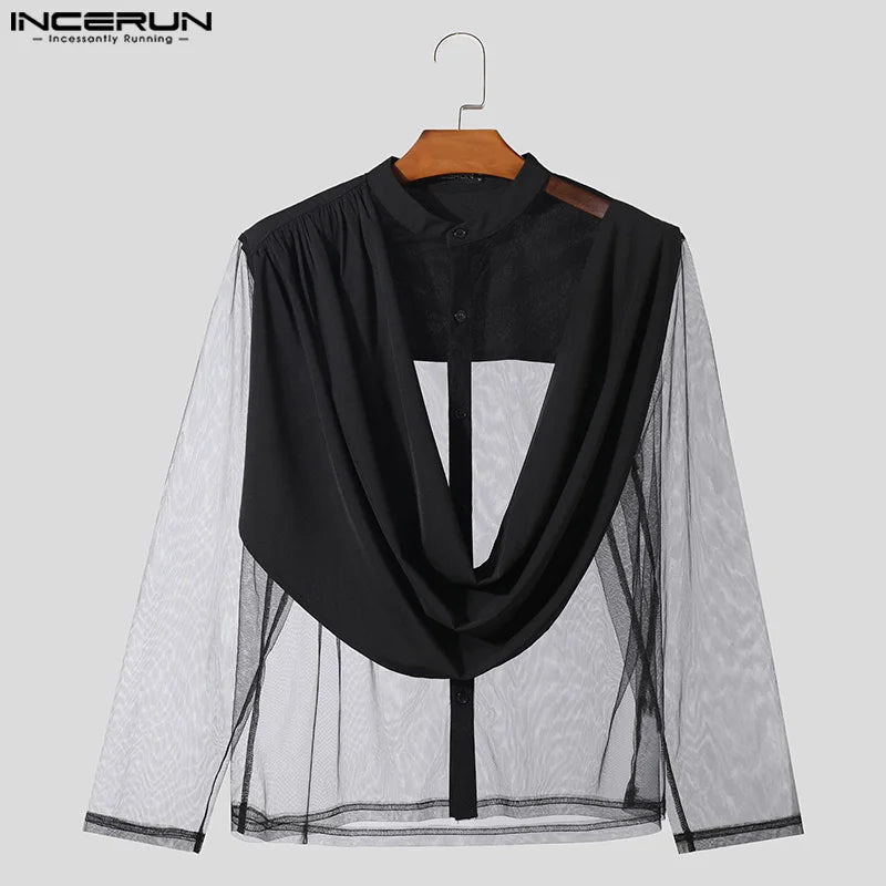 2024 Men's Irregular Shirt Mesh Patchwork Stand Collar Streetwear Long Sleeve Camisas Transparent Fashion Men Clothing INCERUN