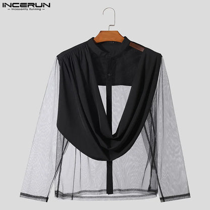 2024 Men's Irregular Shirt Mesh Patchwork Stand Collar Streetwear Long Sleeve Camisas Transparent Fashion Men Clothing INCERUN