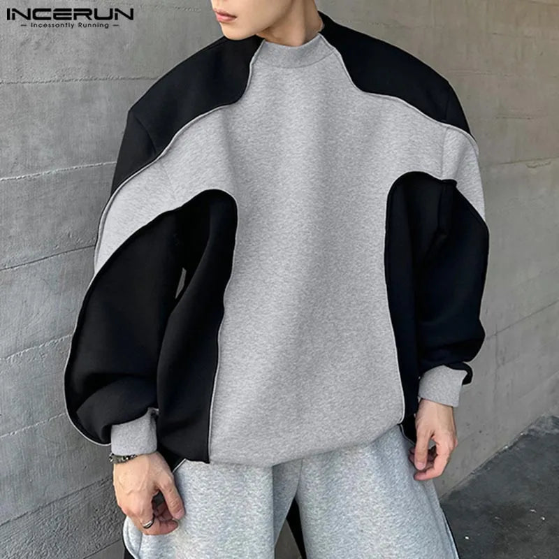 Fashion Casual Style Tops INCERUN Mens Contrast Deconstruction Design Sweaters Handsome Male O-neck Long Sleeved Pullovers S-5XL