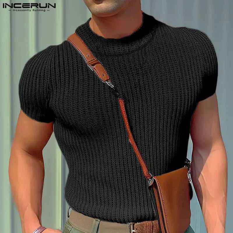 Men's T Shirt Solid Color Knitted Turtleneck Short Sleeve Casual Men Clothing Streetwear 2024 Summer Fashion Camisetas INCERUN