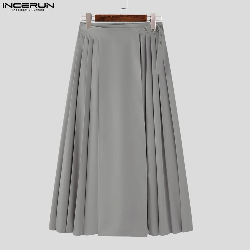 INCERUN 2024 Korean Style New Men's Pleated Skirt Pants Casual Streetwear All-match Male Solid Color Comfortable Trousers S-5XL