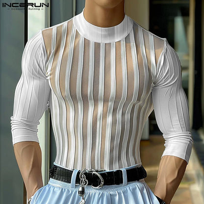 INCERUN Men T Shirt Striped Mesh Patchwork Turtleneck Long Sleeve Men Clothing Streetwear 2024 See Through Fashion Camsietas