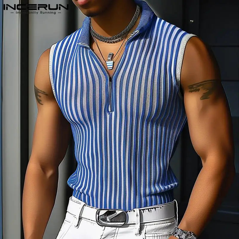 Fashion Casual Style Tops INCERUN New Mens Striped Design Vests Summer Streetwear Male Gym Lapel Sleeveless Tank Tops S-5XL 2024