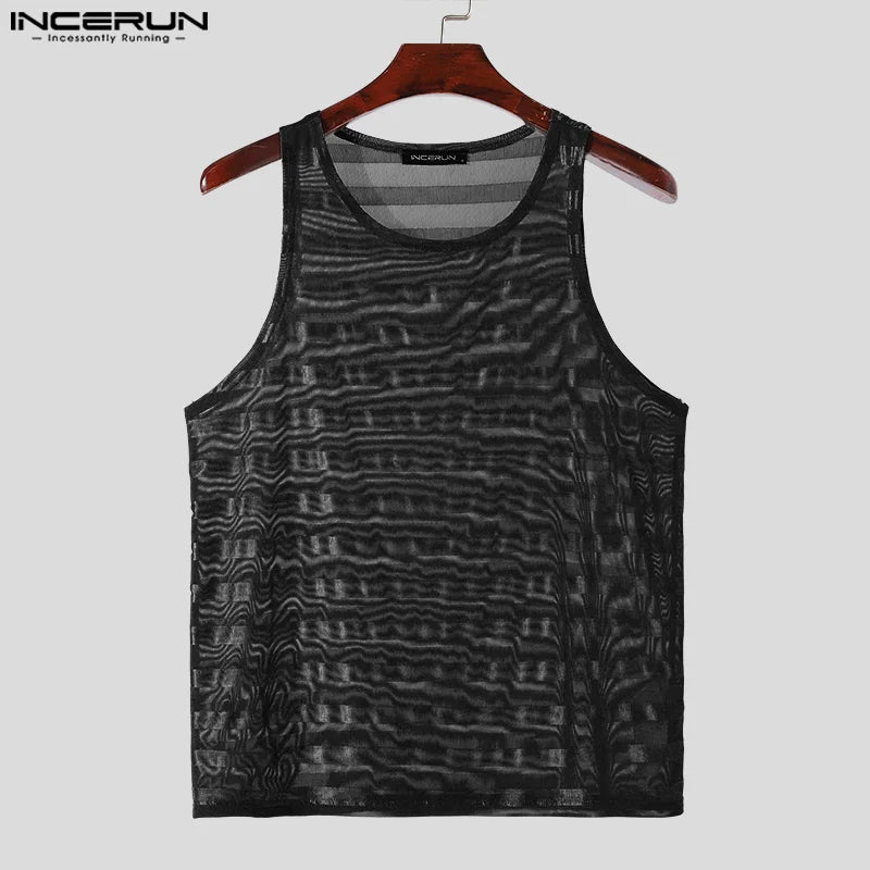 INCERUN Tops 2024 American Style Fashion Men's Horizontal Striped Mesh Vests Summer Casual Streetwear Sleeveless Tank Tops S-5XL