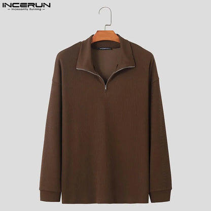 Fashion Well Fitting Tops INCERUN 2024 New Mens Texture Pullovers Leisure Streetwear Solid Long Sleeved High Neck Sweaters S-5XL