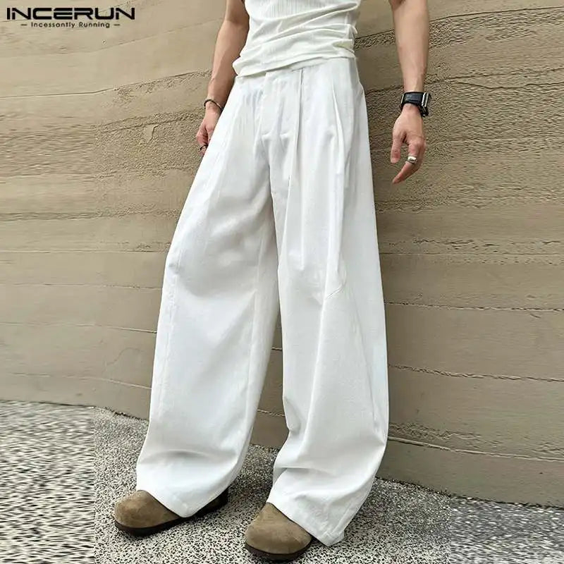 INCERUN 2024 Korean Style Trousers Men's Pleated Deconstructed Draping Pants Male Solid All-match Loose Wide Leg Pantalons S-5XL