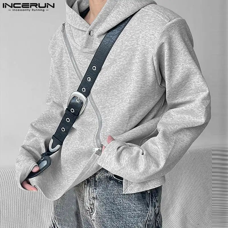 INCERUN Tops 2023 Koreanischen Stil Herren Unregelmäßigen Diagonal Zipper Design Hoodie Freizeit Männlichen Feste Kapuze Langen Ärmeln Pullover S-5XL