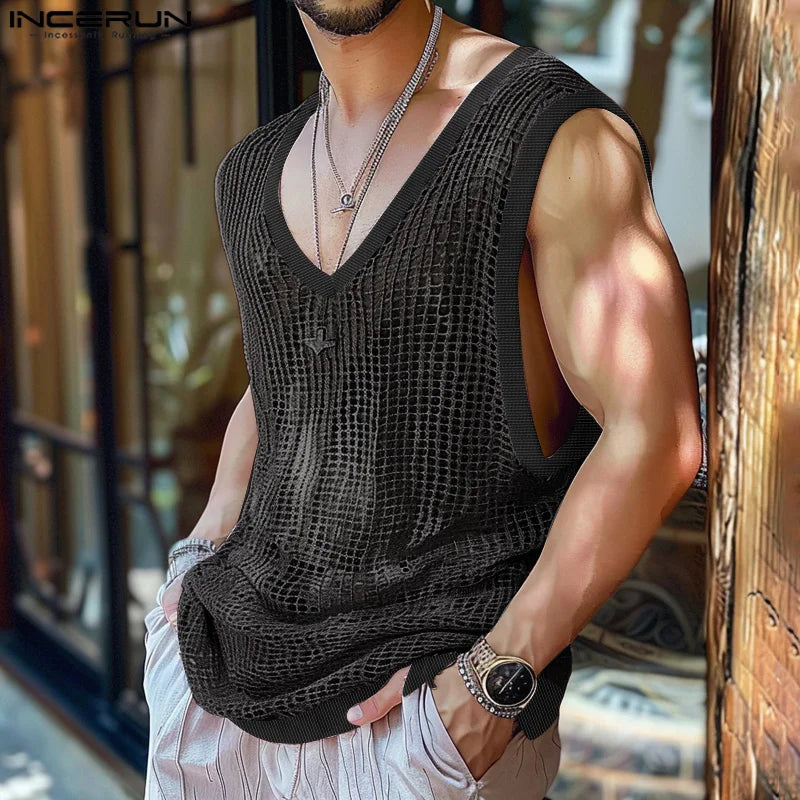 Fashion Casual Style Tops INCERUN Men's Hollow Knitted Design Vests Summer Male Hot Sale Comfortable V-neck Tank Tops S-5XL 2024